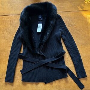 Chaps Black Sweater with Faux Fur Collar